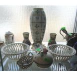 A pair of Herend porcelain vases, rose design vase, two dishes, lidded pot and pair of pierced