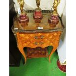 A Louis XV style bedside table with gilt gallery top, geometric inlaid of diamonds and flowers two