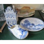 Two items of Delft blue and white china, five Royal Doulton plates and a Poole Pottery plaque