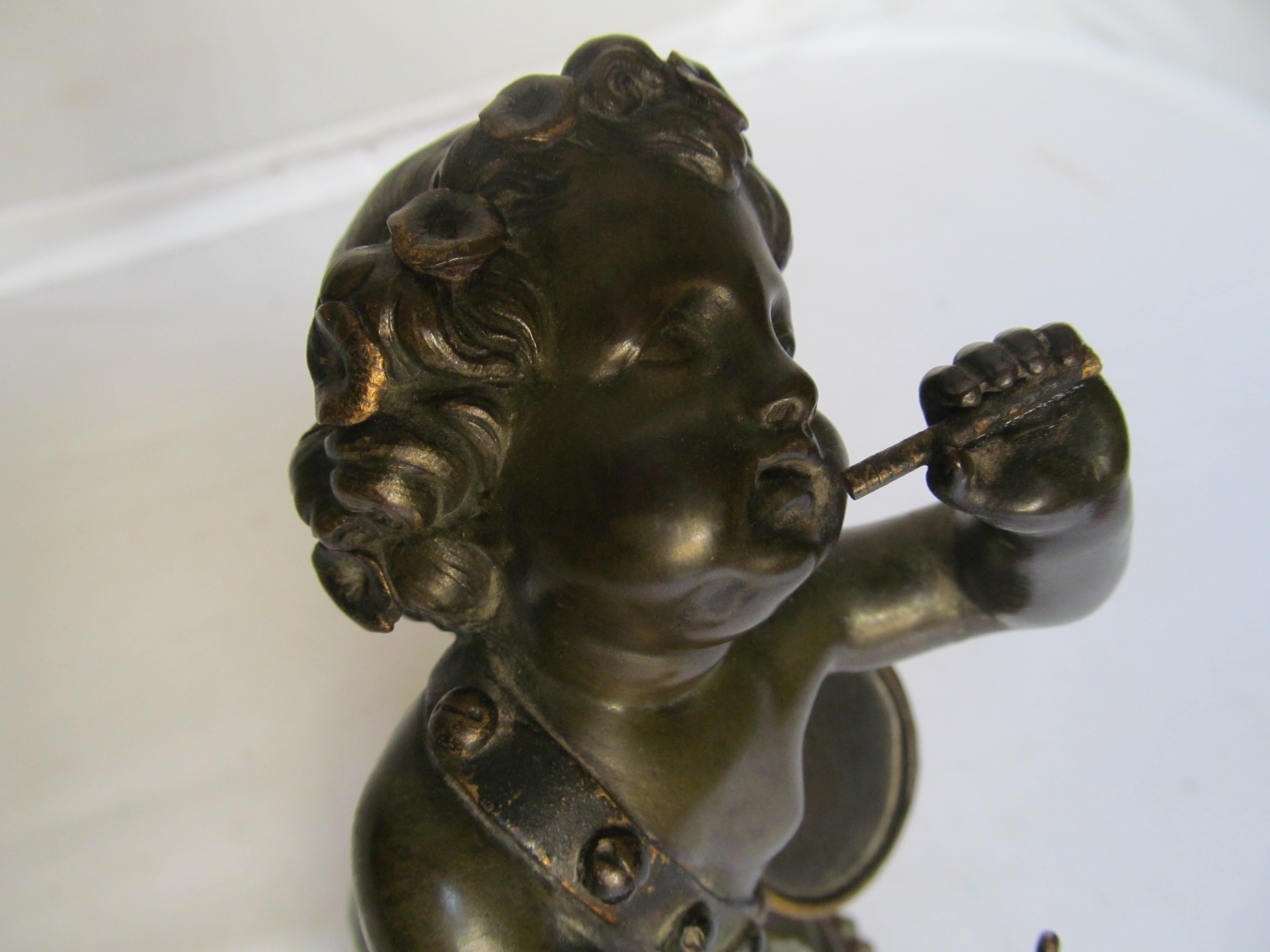 A pair of 19th Century French bronze cherubs one playing drum and carrying a pipe the other a - Image 6 of 10