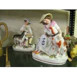 A pair of 19th Century Staffordshire figures gentleman with sheep and lady with dog