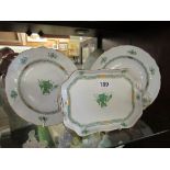 Two Herend porcelain plates and a two handled dish green and gilt design