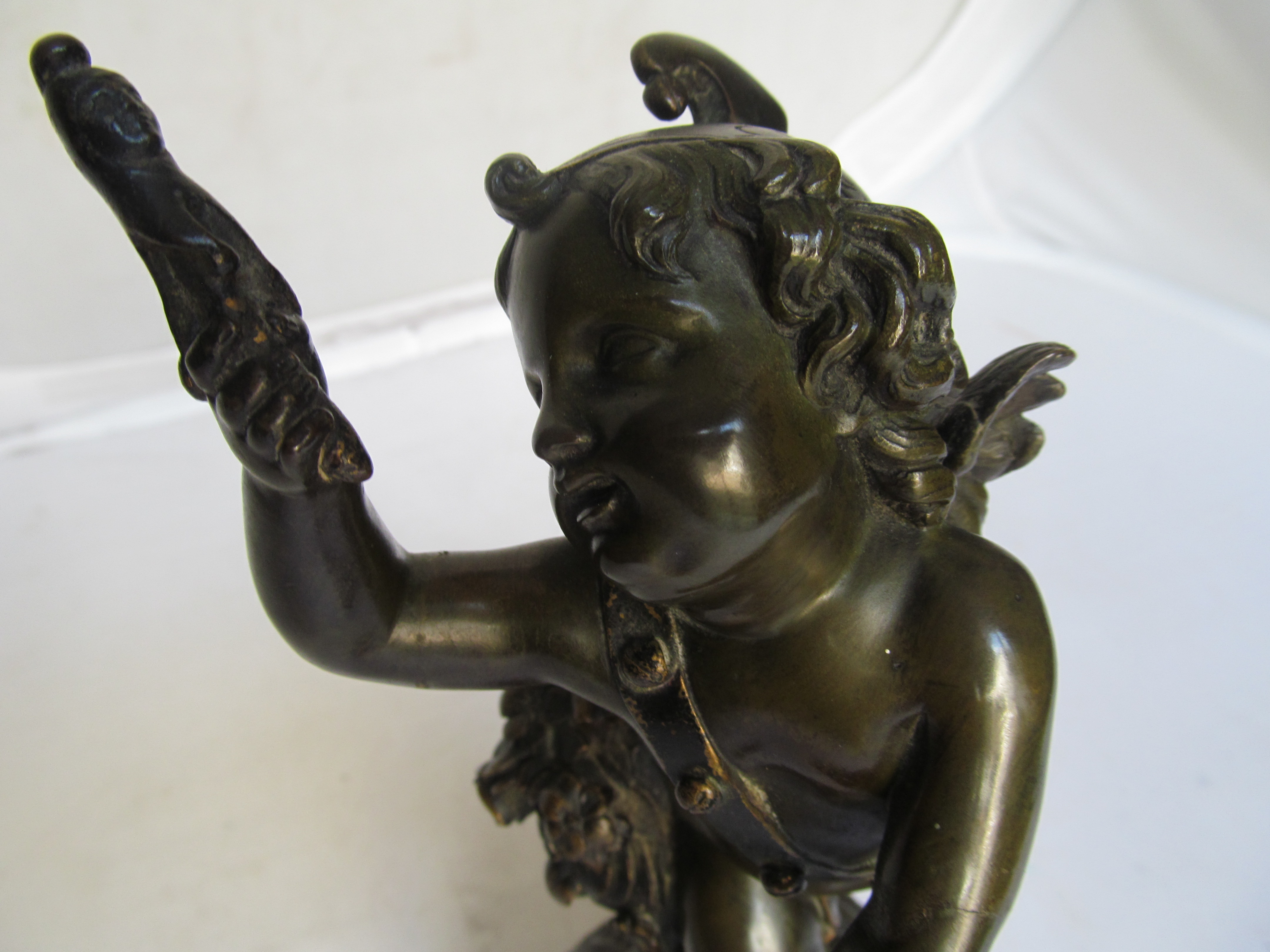 A pair of 19th Century French bronze cherubs one playing drum and carrying a pipe the other a - Image 9 of 10