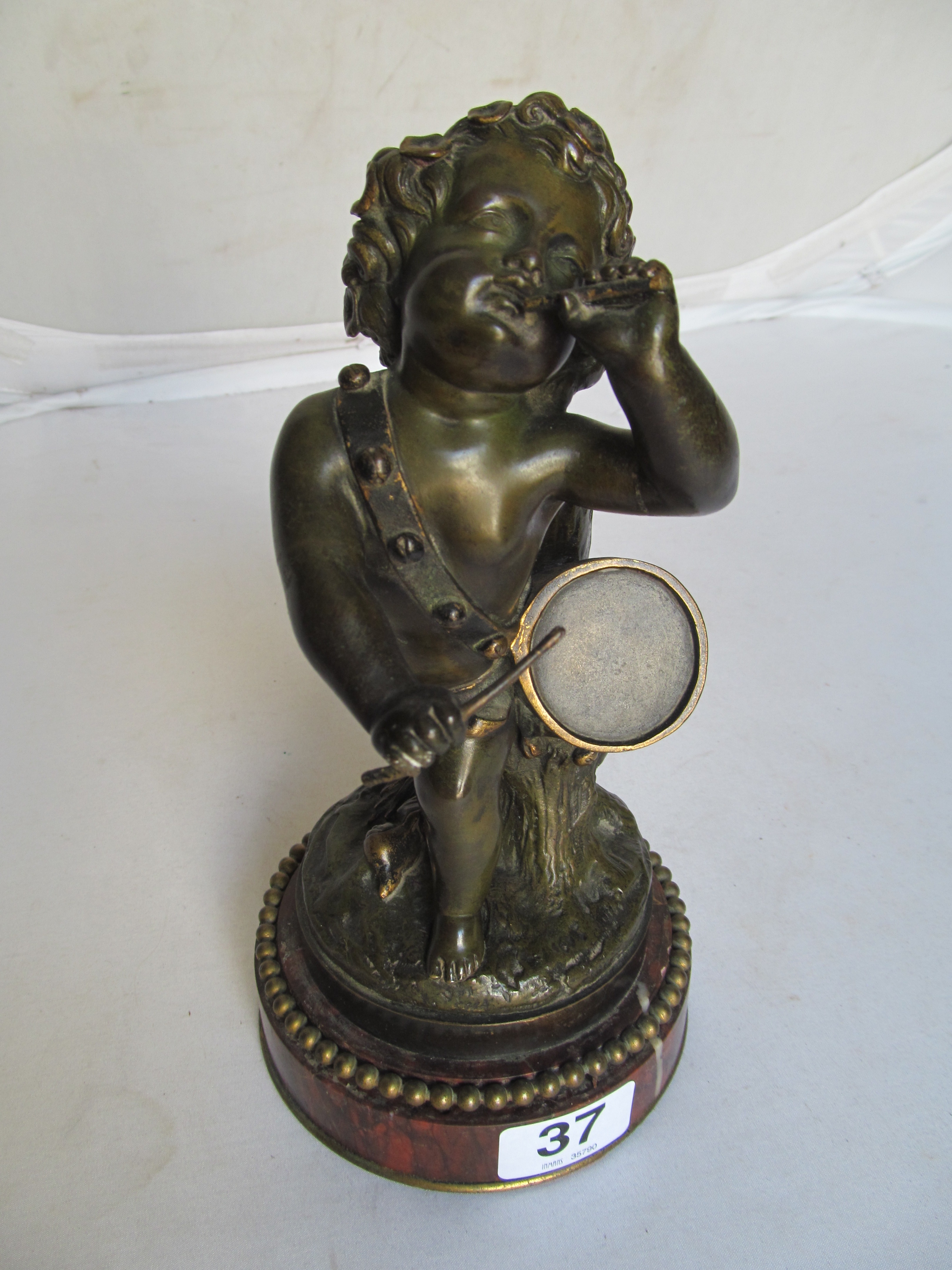 A pair of 19th Century French bronze cherubs one playing drum and carrying a pipe the other a - Image 2 of 10