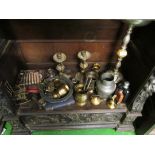 A group of brass, pewter etc including smokers stand.