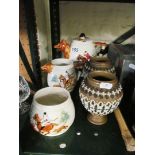 A three piece pottery teaset hunting scenes and two Doulton Silicon Ware vases