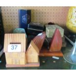 Carvacraft letter rack, small copper trough, treen house moneybox and other treen and glass