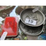 Two French pewter dishes and Elastaplast tin