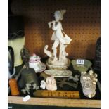 Some resin figures, treen, brass bell, small metal dogs and china pot