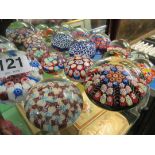 Nine Millefiori paperweights and two others