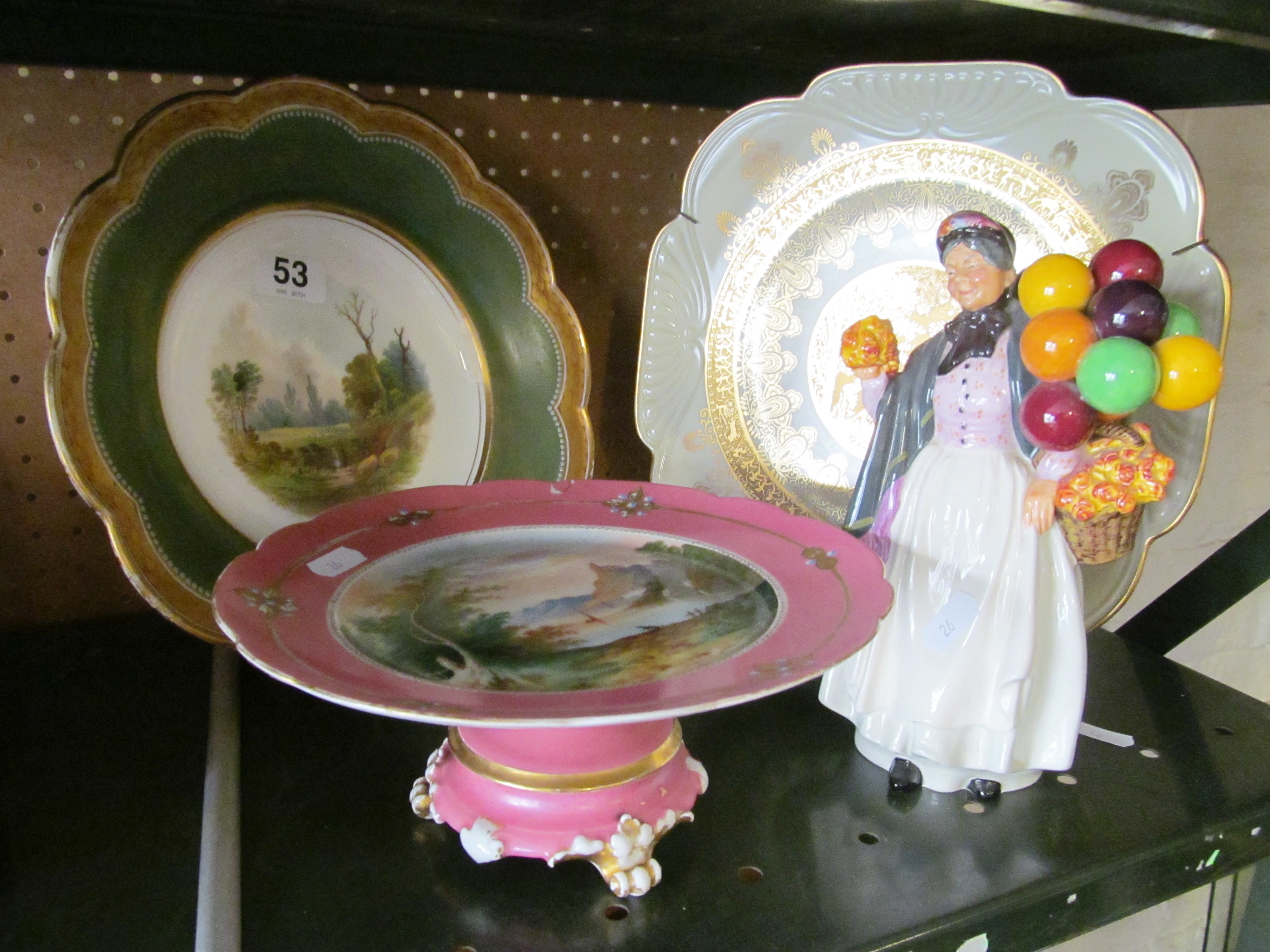 A comport, dish (ex-comport), gilt plate and Royal Doulton figure (a/f)