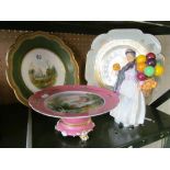 A comport, dish (ex-comport), gilt plate and Royal Doulton figure (a/f)