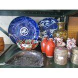 Two metal oriental pots, cloisonné vase, and a small group of oriental china.