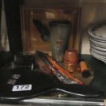 A Victorian horn beaker (a/f), hand mirror, thermometers and other items