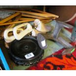 A Cobblers awl, some traditional wooden hangers and an oriental stand