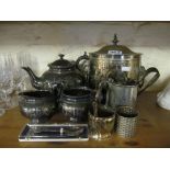 A plated three piece teaset, silver-plated biscuit box and other silver-plated items