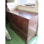 An early 19th Century mahogany mule chest with brass handles and escutcheon two drawers to base