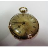 An 18k gold ladies fob watch with enamel scene to back of ladies and gentlemen rowing on river