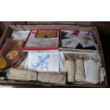 Some vintage linen and draper's items including bed and table linen, doilies, mats, lace, hankies,