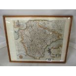 William Kip - coloured map print Devon and Cornwall with writing on reverse