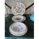 Two Dresden style plates, a saucer, 19th Century plated hand painted fruit and two others