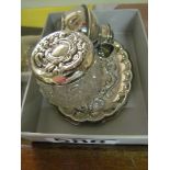 A Sterling silver pin tray embossed birds, silver lidded dressing table pot and silver guernsey