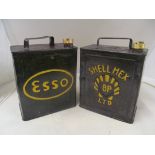 Four vintage petrol cans, two Esso, two Shell Mex and tray of related items