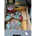 A cuckoo clock, set of brass weights (boxed), dominoes, horse lighter et cetera
