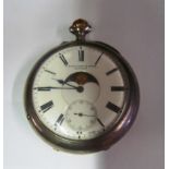 A 935 silver moonphase pocket watch, calendar and date under back plate T.R. Tawker & Sons Madras