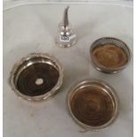 Three Sheffield plated wine coasters and awine funnel