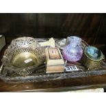 A glass dressing table tray, plated pierced bon bon dish, ring box et cetera