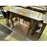 A 19th Century inlaid mahogany table with drop flaps and drawer on cabriole legs, ormolou border and