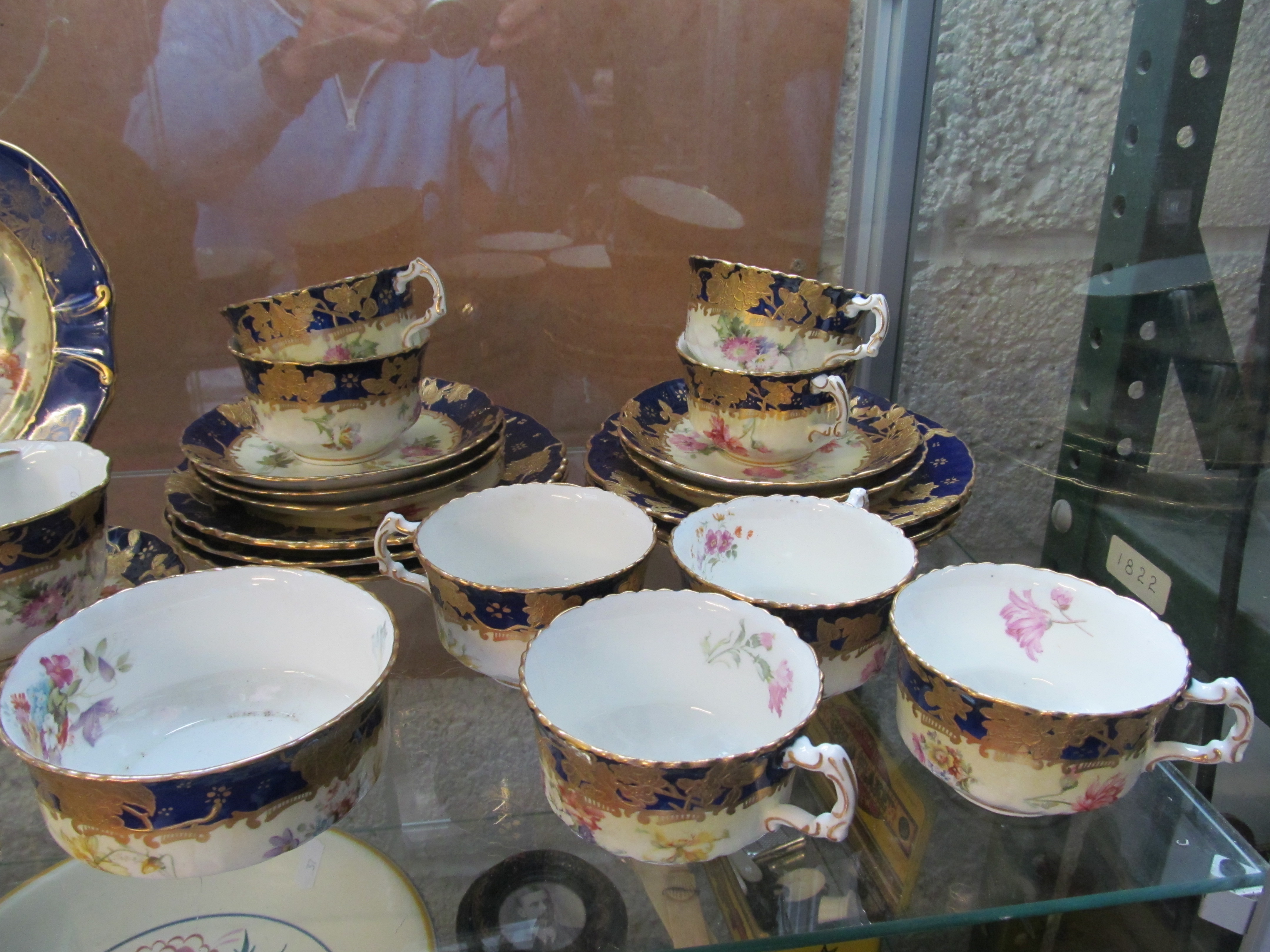 A 19th Century blue and gilt plate, pair Hammersley moustache cups, part teaset and inkstand - Image 4 of 5