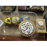 A Halcyon Days Victorian Flowers pot pourri, three trinket boxes and a clock