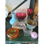 A pink latticino paperweight, Art Glass vase and other glass