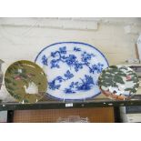 A large Wedgwood blue and white meat plate and two plates,and two Japanese collectors plates.