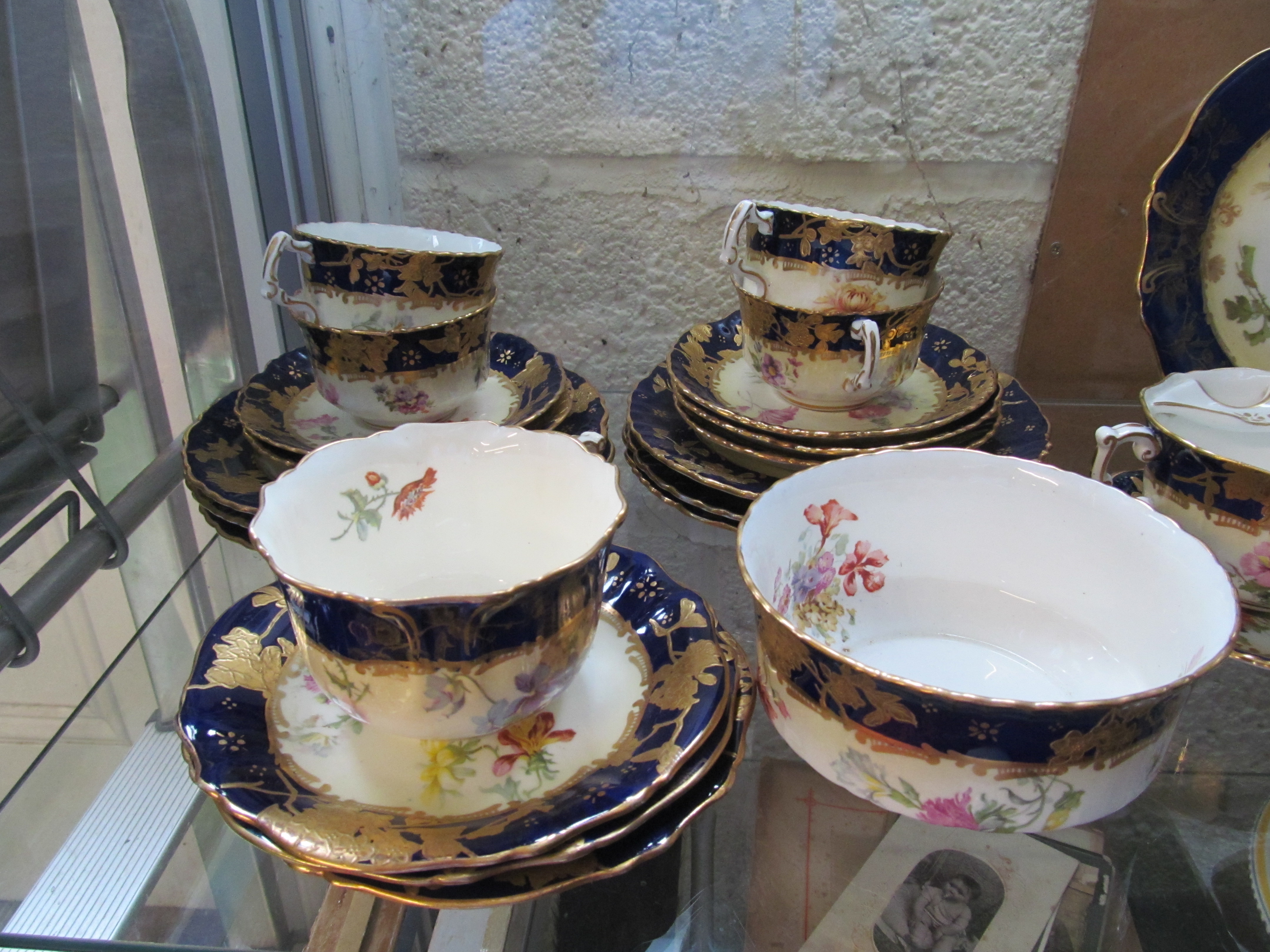 A 19th Century blue and gilt plate, pair Hammersley moustache cups, part teaset and inkstand - Image 2 of 5