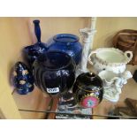 A pair painted candlesticks, an amethyst bowl and other items