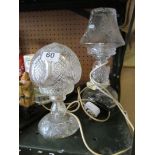 Two small glass table lamps and shades