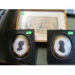 Three small prints, two silhouettes and two framed drawings