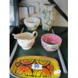 A Poole dish, Shelley vase, Old Bristol Clarice Cliff jug, Shelley bowl and Maling Ware bowl
