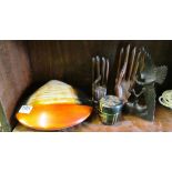 Two treen carvings hands, a bird, lacquer shell and box