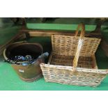 A copper coal bin, fireirons and log basket