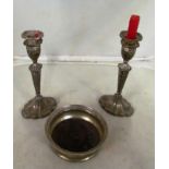 Pair silver candlesticks and coaster