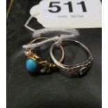An 18ct gold and platinum crossover style ring and a 9ct gold turquoise and seed pearl ring (some