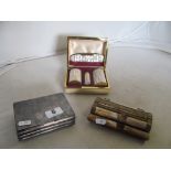 A mother-of-pearl effect vanity set (boxed), plated cigarette box and horn effect box