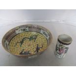 A modern yellow ground Chinese bowl decorated dragon design and a famille rose brush pot