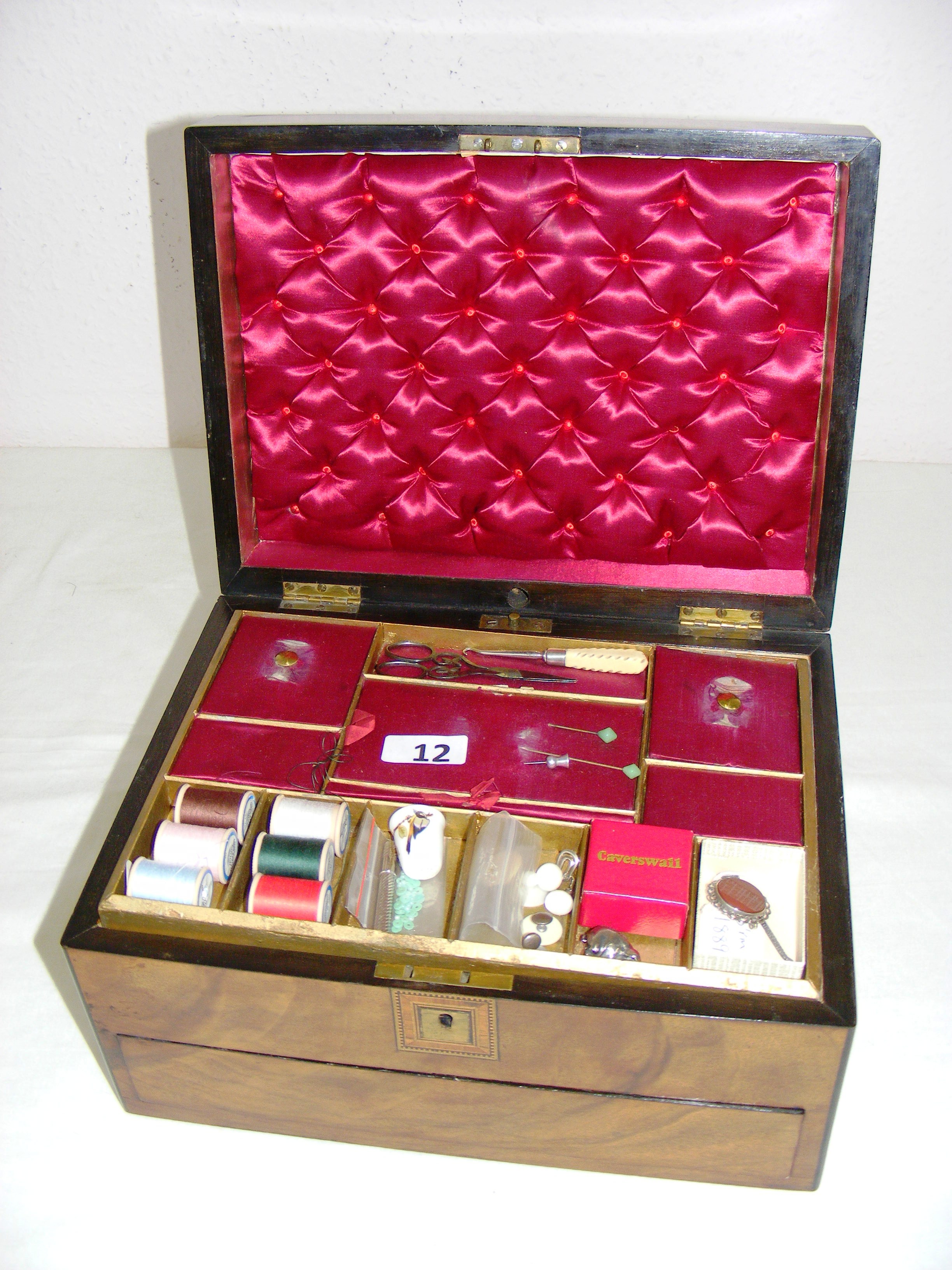 A late Victorian walnut and parquetry inlaid sewing box, with a drawer and fitted interior, - Image 2 of 4