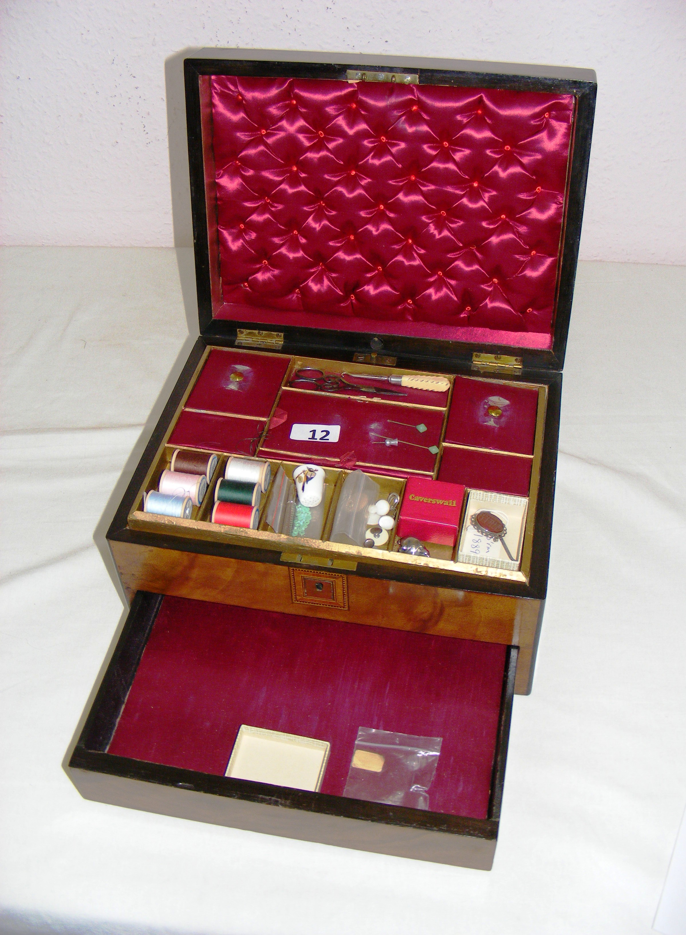 A late Victorian walnut and parquetry inlaid sewing box, with a drawer and fitted interior, - Image 3 of 4
