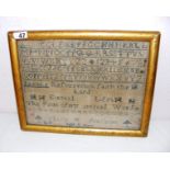 A late Georgian / early Victorian sampler, it measures 14.5" x 11.5", framed and glazed.